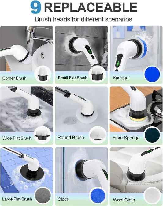 VelAura™ PowerScrub Pro – Electric Spin Scrubber with Extendable Handle | 9 Brush Heads | USB Rechargeable