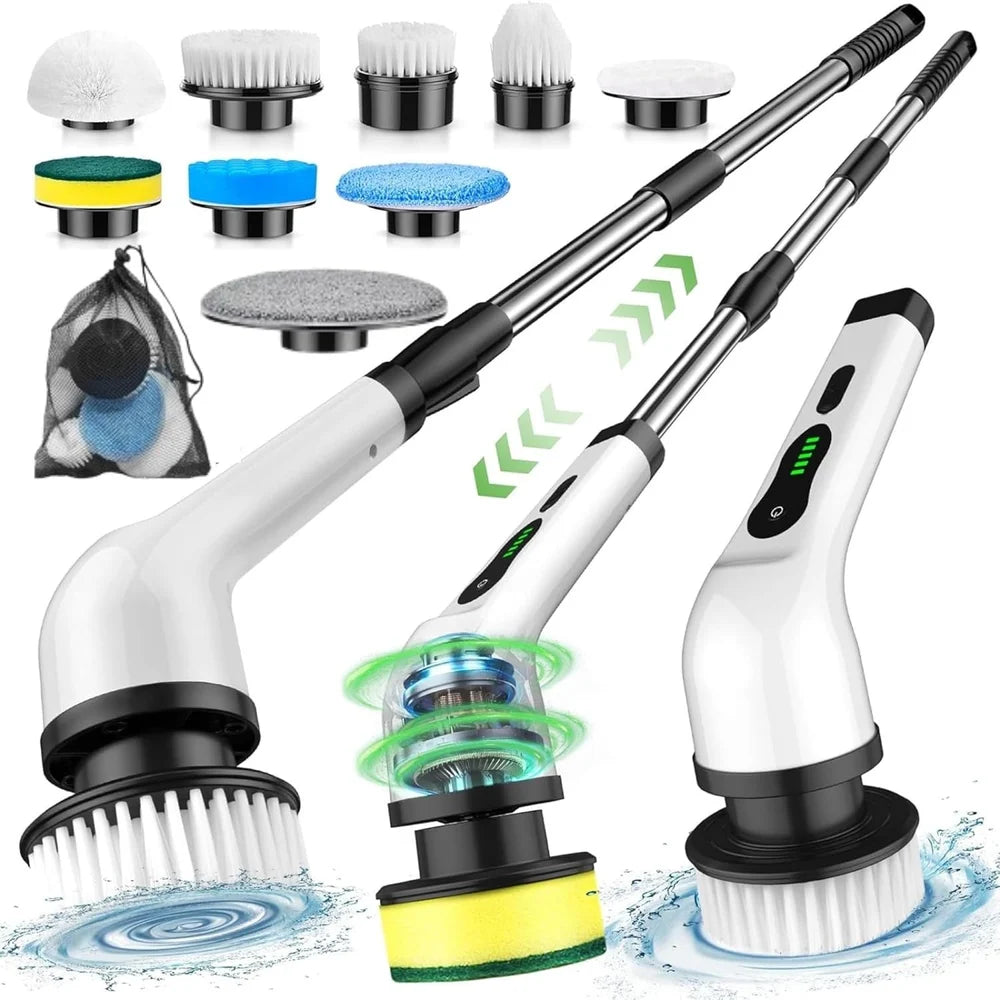 VelAura™ PowerScrub Pro – Electric Spin Scrubber with Extendable Handle | 9 Brush Heads | USB Rechargeable