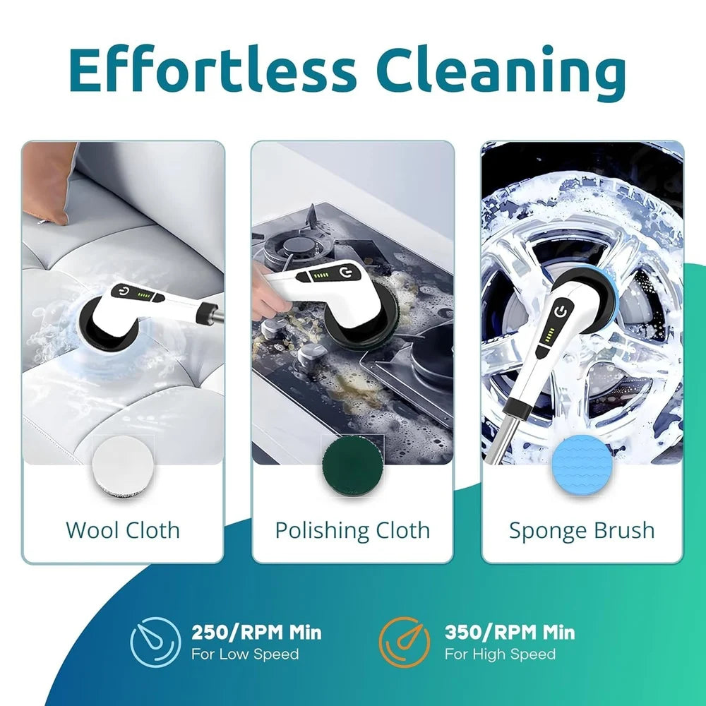 VelAura™ PowerScrub Pro – Electric Spin Scrubber with Extendable Handle | 9 Brush Heads | USB Rechargeable