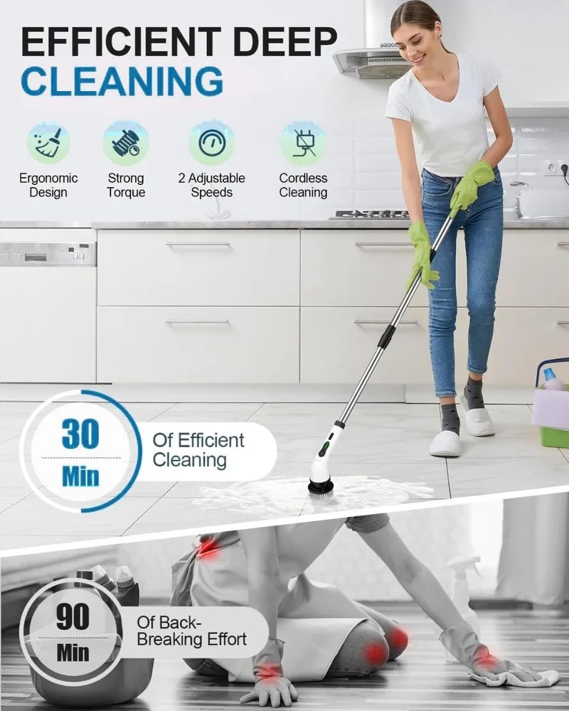VelAura™ PowerScrub Pro – Electric Spin Scrubber with Extendable Handle | 9 Brush Heads | USB Rechargeable