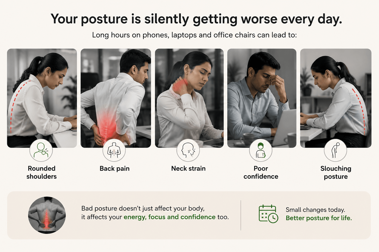 Illustration of people with poor posture and its effects on health.