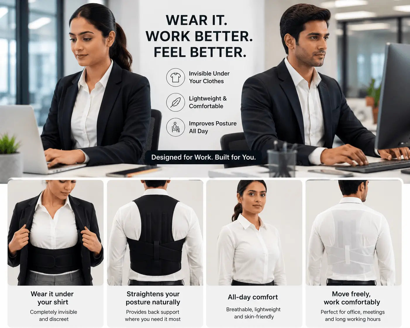 Promotional image of a posture corrector with text highlighting its benefits in an office setting.
