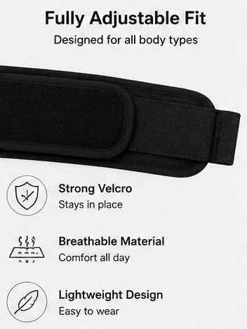 Black belt with features listed on a white background